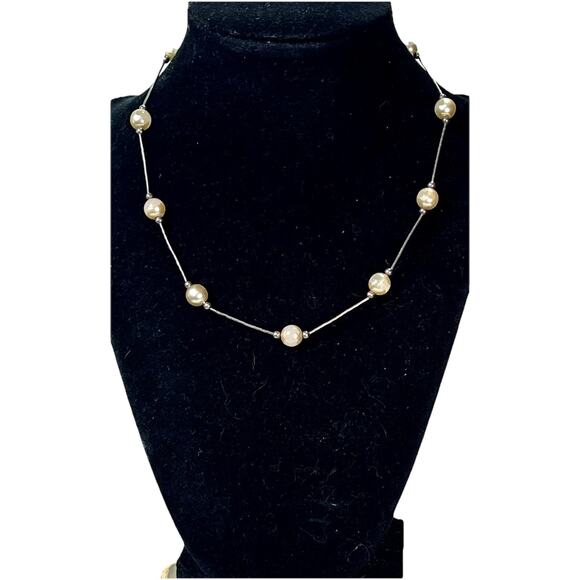 Elegant VTG Sterling Silver Faux Pearl Station Necklace 16”- Classic Minimalist - Picture 1 of 12